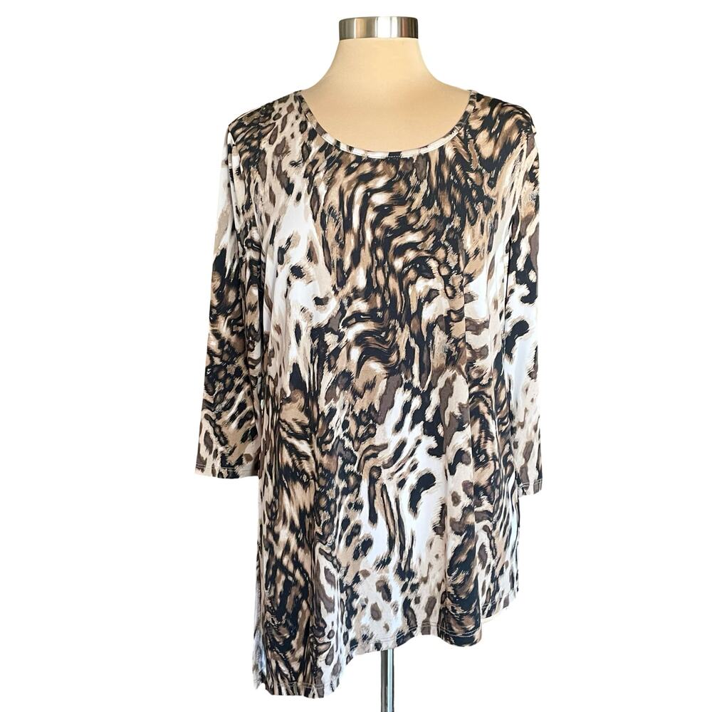 Susan Graver Animal Print Tunic Top Asymmetric‎ Hem Sz LARGE Sophisticated Chic